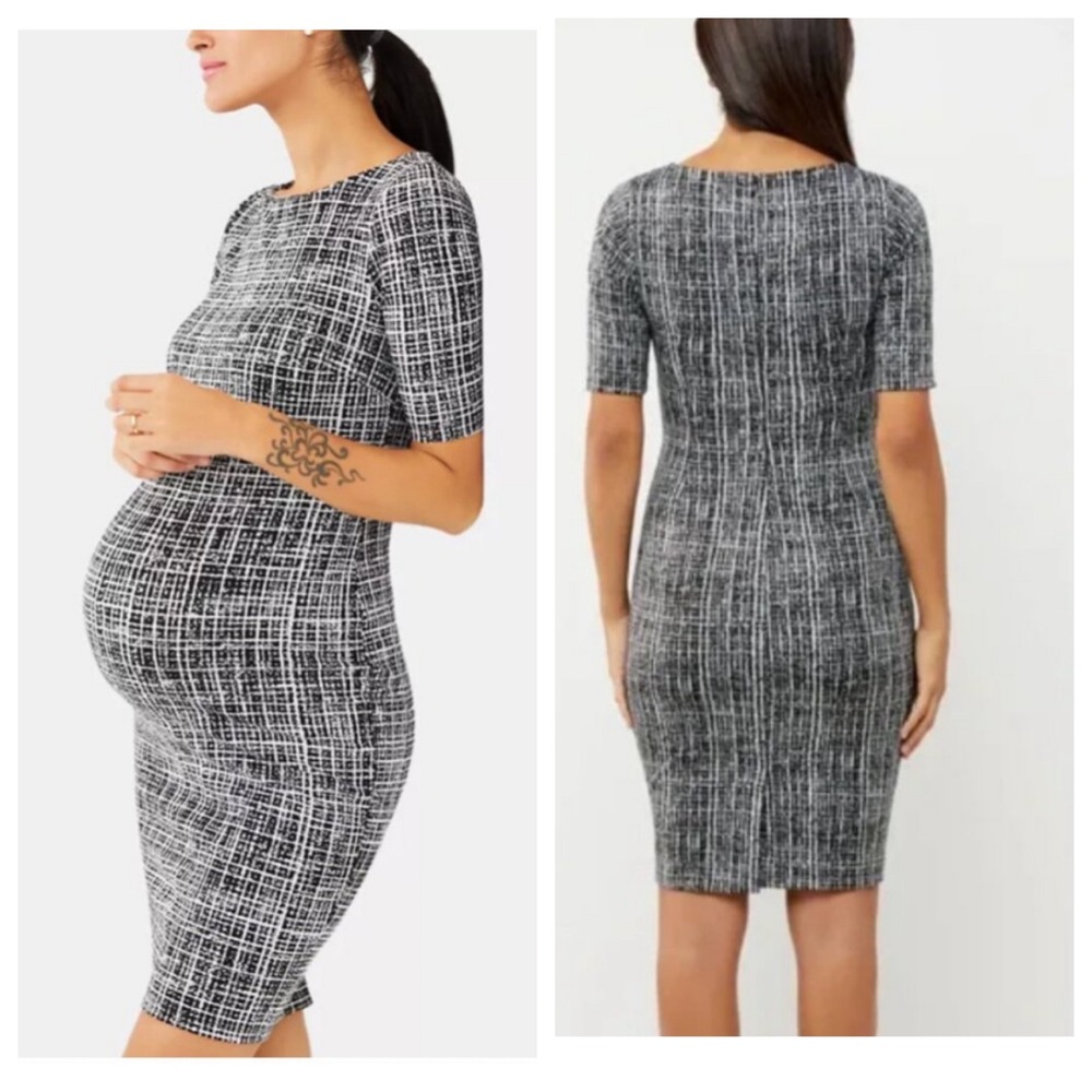 A Pea in the Pod XS Maternity Sheath Dress Black White Tweed Print Short Sleeve